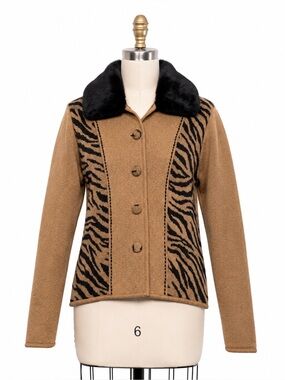 Vintage 90s Tiger Print Boiled Wool Jacket Detachable Faux Fur Collar Mob Wife S